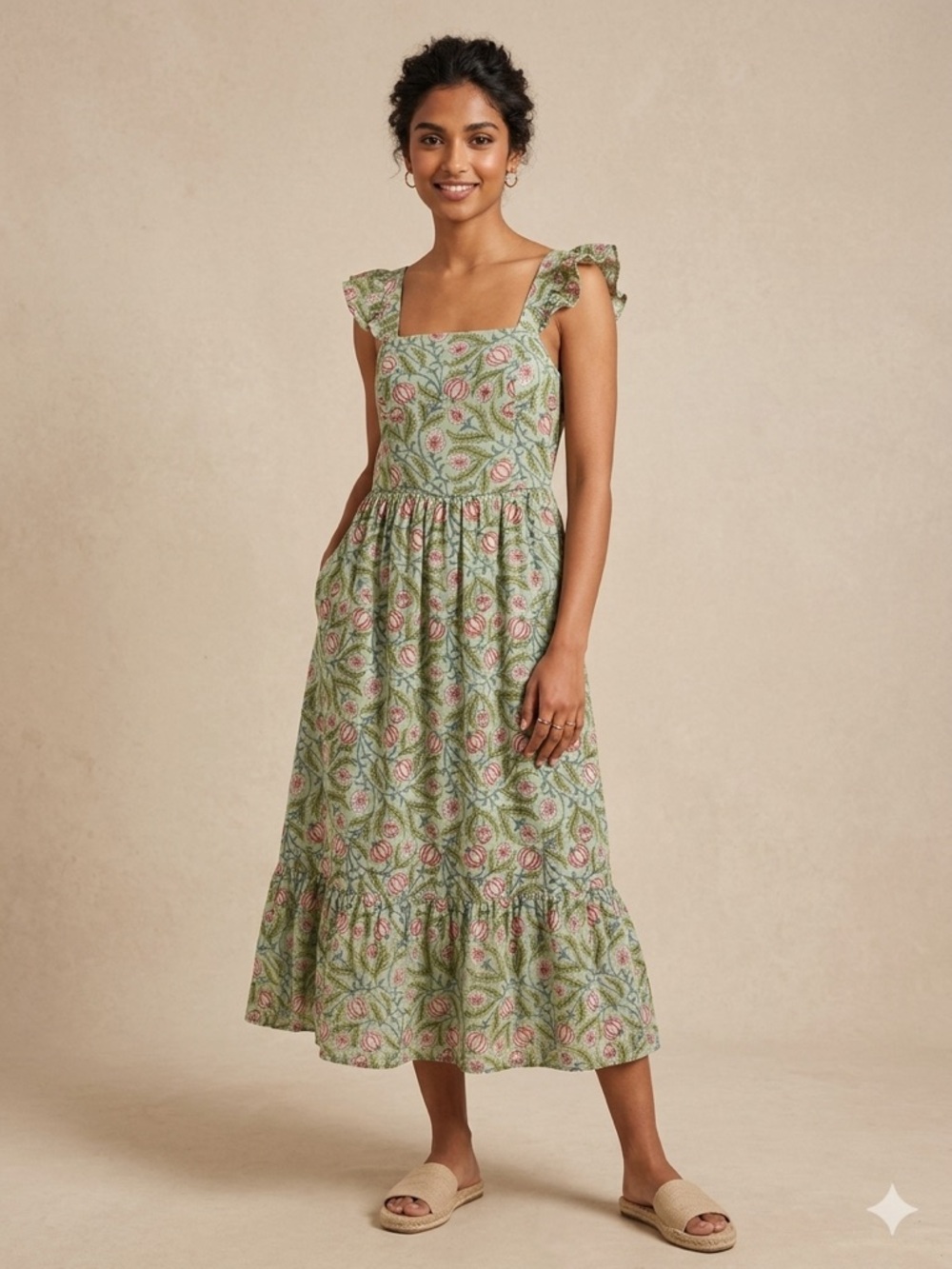 Anthroplogie dRA Los Angeles Midi Dress Sage Green Floral Boho Tiered